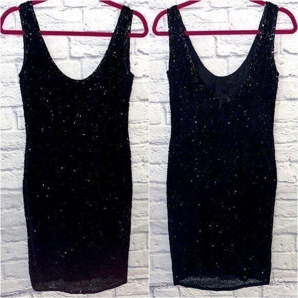 Vintage Beaded Black Tie Silk Lined Black Sleeveless Back Center Zip Mini Dress - Picture 1 of 15
